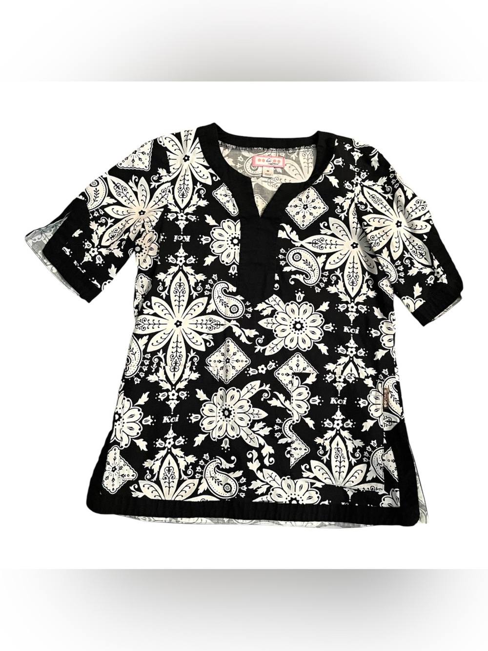 Koi Black & White Floral Paisley Tunic Scrub Top